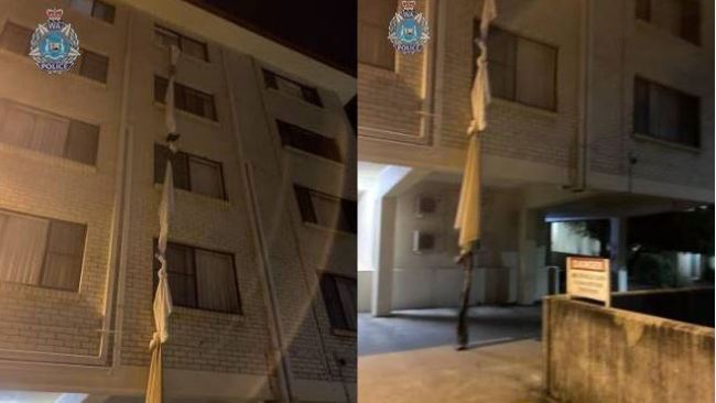 Pictures shared by WA Police showed the DIY rope with thick knots dangling from the window of the top floor. Photo: WA Police