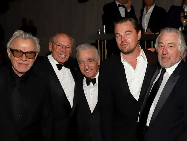 Harvey Keitel, Irwin Winkler, Martin Scorsese, Leonardo DiCaprio, and Robert De Niro at the Netflix’s Golden Globes party. Picture: Getty Images for Netflix