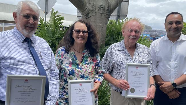 Congratulated for 50 years' service as a Justice of the Peace are Coffs Harbour residents Ron Perry, Madeleine Wardman and Robert Mill. They are seen here with Coffs Harbour state MP Gurmesh Singh. Picture: Chris Knight