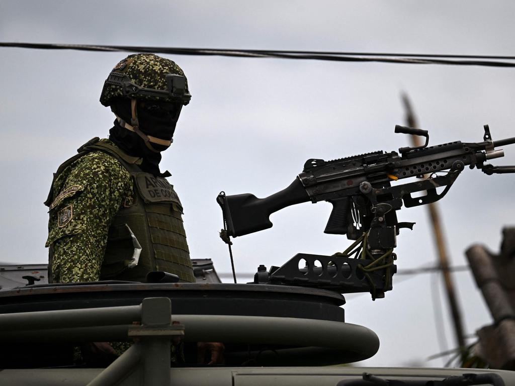 Colombian marines patrol during security operations amid the Sussexes visit. Picture: Raul ARBOLEDA/AFP