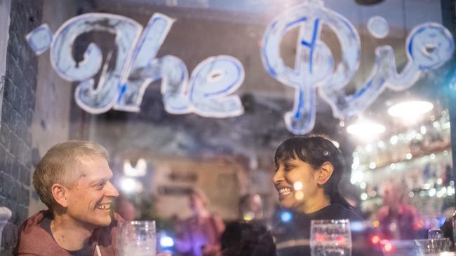 Shannah Baichoo (right) dining with her husband at the Rio, Summer Hill following the easing of NSW's COVID-19 restrictions. Picture: AAP Image/James Gourley