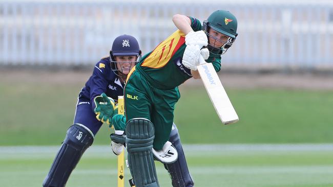 Nicola Carey drives during Tasmania’s WNCL match at the TCA ground last year. Picture: LUKE BOWDEN