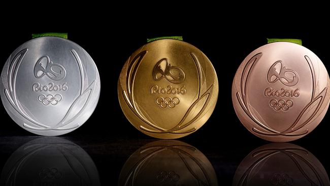 The front of the gold, silver and bronze medals for the Rio Olympics.