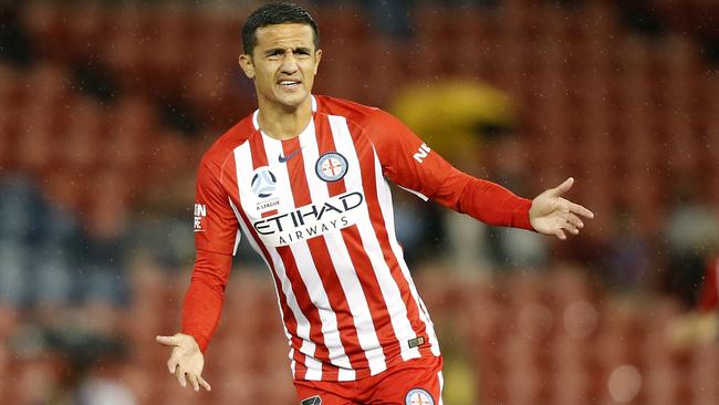 Tim Cahill of Melbourne City complains to team mates about the service during the A-League Round 9 match between the Newcastle Jets and Melbourne City FC at McDonald Jones Stadium, Newcastle, on Saturday, December 2, 2017. (AAP Image/Darren Pateman) NO ARCHIVING, EDITORIAL USE ONLY