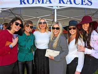 Nic Hilton, Cindy Ridge, Leteicha Ridge, Bel Ricketts, Moz Miller and Sophie Kluckhohn track-side at the rugby races 2018. Picture: Alexia Austin