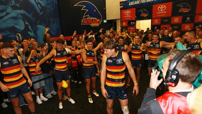 Daniel Curtin of the Crows gets a Gatorade shower. Photo by James Elsby/AFL Photos via Getty Images.