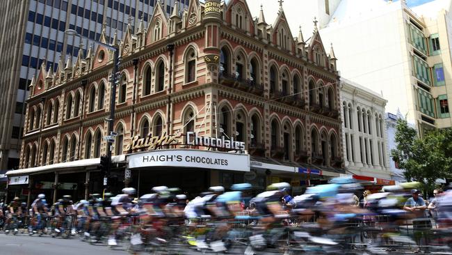 The peloton makes its way past the Rundle Mall during last year’s Tour Down Under. Picture: Sarah Reed