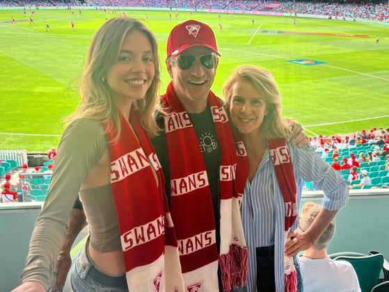 Hollywood stars Sydney Sweeney, Dermot Mulroney and Rachel Griffiths at the Sydney Cricket Ground on March 26. Picture: Sydney Swans/Instagram