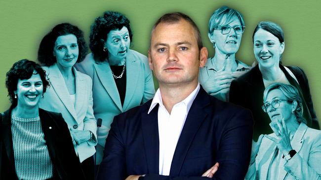 Simon Holmes à Court, centre, with (left to right) Kate Chaney, Allegra Spender, Monique Ryan, Zoe Daniel, Sophie Scamps and Zali Steggall. Artwork: Emilia Tortorella