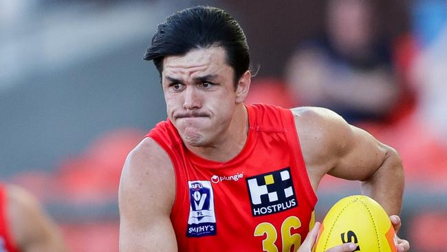 GOLD COAST, AUSTRALIA - SEPTEMBER 16: Elijah Hollands of the Suns in action during the 2023 VFL Preliminary Final match between the Gold Coast SUNS and The Box Hill Hawks at Heritage Bank Stadium on September 16, 2023 in Gold Coast, Australia. (Photo by Russell Freeman/AFL Photos via Getty Images)