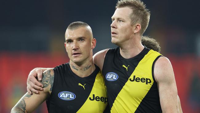 Richmond’s Dustin Martin and Jack Riewoldt after Thursday night’s victory. Picture: Michael Klein