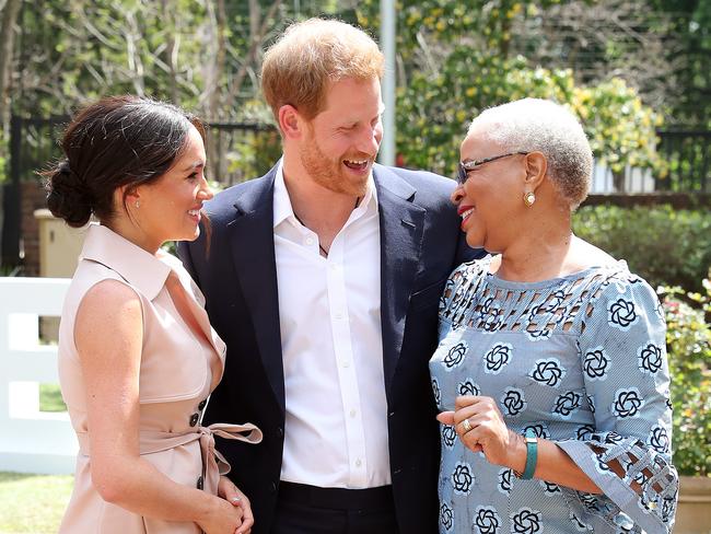 Prince Harry and wife Meghan meet Graca Machel, widow of the late Nelson Mandela in Johannesburg, South Africa. Picture: Getty Images