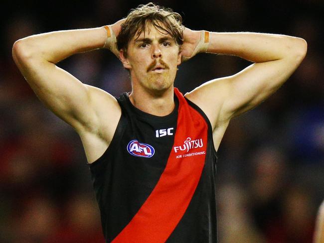 MELBOURNE, VICTORIA - APRIL 29: Joe Daniher of the Bombers reacts at an umpiring decision during the round 6 AFL match between the Essendon Bombers and Melbourne Demons at Etihad Stadium on April 29, 2018 in Melbourne, Australia.  (Photo by Michael Dodge/AFL Media/Getty Images)