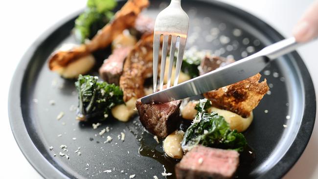 Rangers Valley beef flank with parsnips, kalette and horseradish. Picture: Richard Hatherly