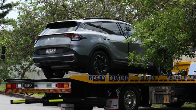 The stolen car being towed away at Pauline Avenue at Ellen Grove on Sunday. Picture Lachie Millard