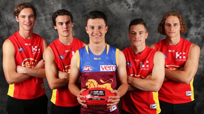 Gold Coast and Brisbane first-round picks (from left) Jack Scrimshaw, Jack Bowes, Hugh McCluggage, Ben Ainsworth and Will Brodie. Picture: Toby Zerna