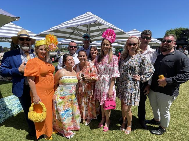 Mark, Jodie, Maddy, Andrew, Trish, Scott, Tracey, Amanda, Katie, Luke and Jack at the 2024 Oaks Day. Picture: Himangi Singh.