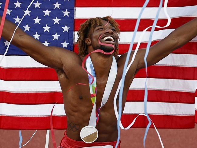 EUGENE, OREGON - JULY 21: Noah Lyles of Team United States celebrates winning gold in the Men's 200m Final on day seven of the World Athletics Championships Oregon22 at Hayward Field on July 21, 2022 in Eugene, Oregon. (Photo by Steph Chambers/Getty Images)