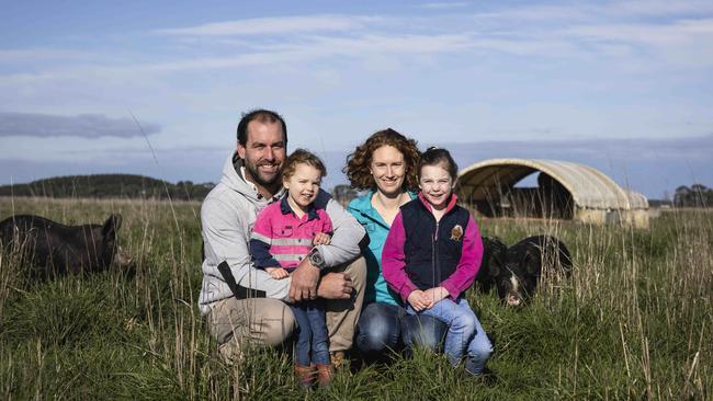 Kate and Mark Wheal, with their children Lily and Willow, of Beachport Berkshires at Beachport in South Australia. Picture: Nicole Cleary