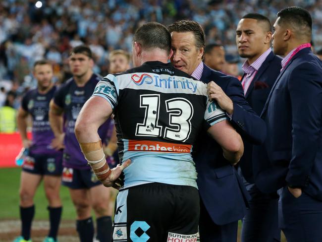 Storm coach Craig Bellamy congratulates Paul Gallen after the .2016 NRL Grand Final won by the Sharks. Picture: Colleen Petch