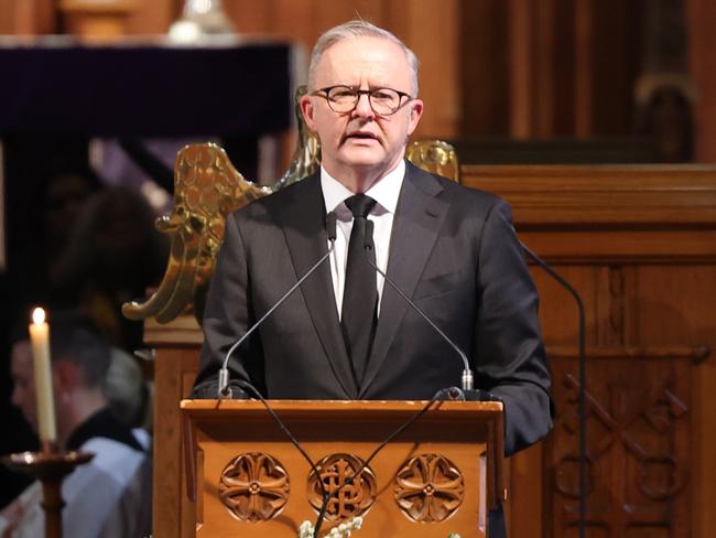 ADELAIDE, AUSTRALIA - NewsWire Photos Pool Picture March 8 2024: Australian Prime Minister Anthony Albanese is seen during the Dr Lowitja OÃDonoghue AC CBE DSG. Funeral service at St Peters Cathedral in Adelaide. Picture: NCA NewsWire / David Mariuz