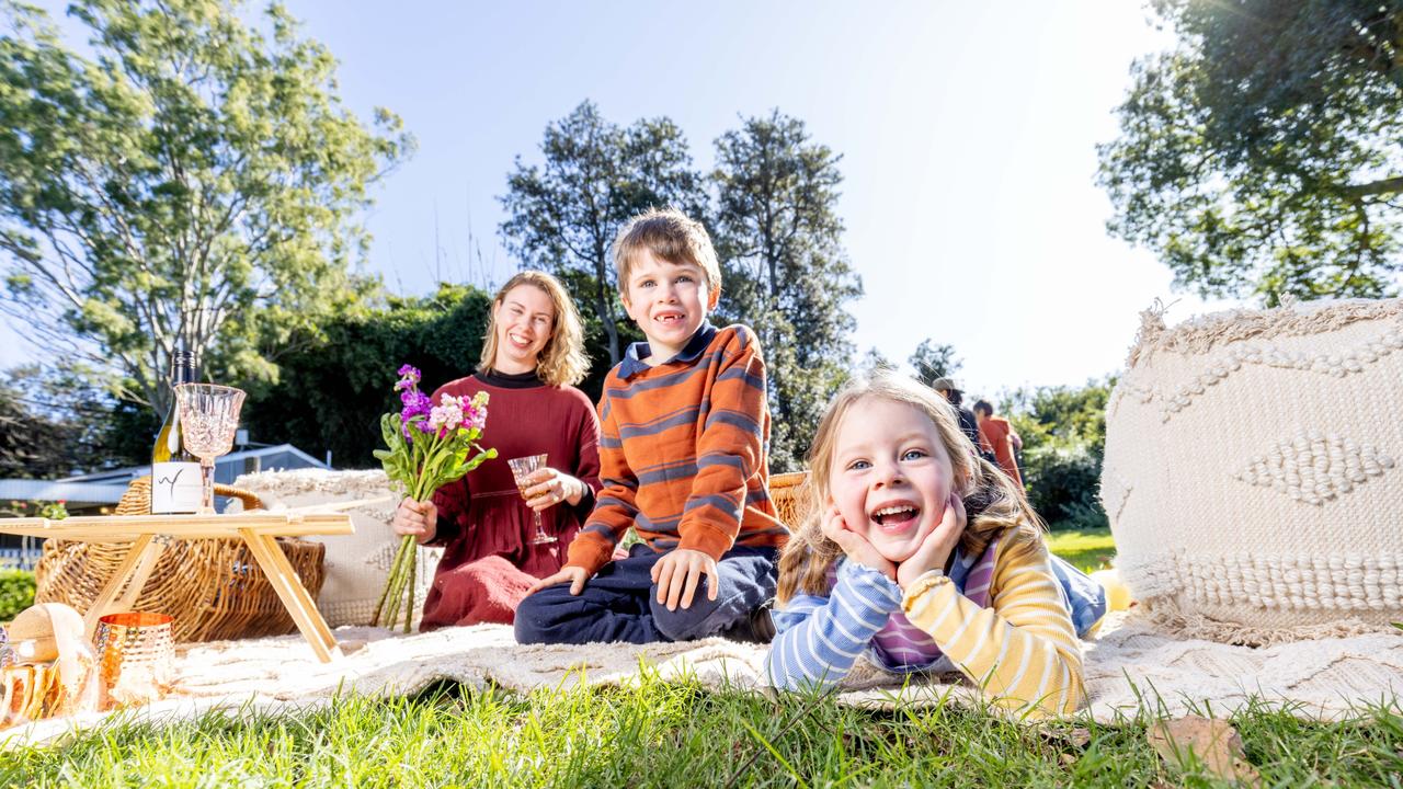 Lecia Stark with kids Hunter, 6, and Teek, 4, enjoying a country escape at the Scenic Rim Farm Shop. Picture: Luke Marsden.