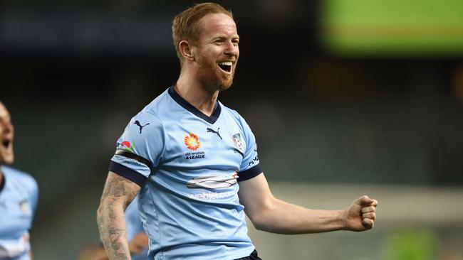 David Carney of Sydney FC celebrates scoring his second goal. (Photo by Mark Kolbe/Getty Images)