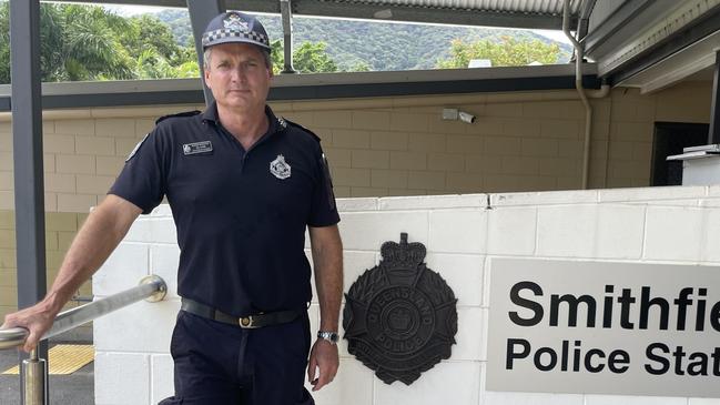 Senior Sergeant Ed Lukin addressed the media about the ongoing search for the missing swimmer at Mossman Gorge from the Smithfield Police Station on January 9, 2023. Picture: Alison Paterson