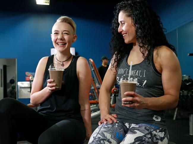 Kat Henderson (L) and Sally Sukkar (R) try the new anti-ageing smoothie. Picture: Toby Zerna