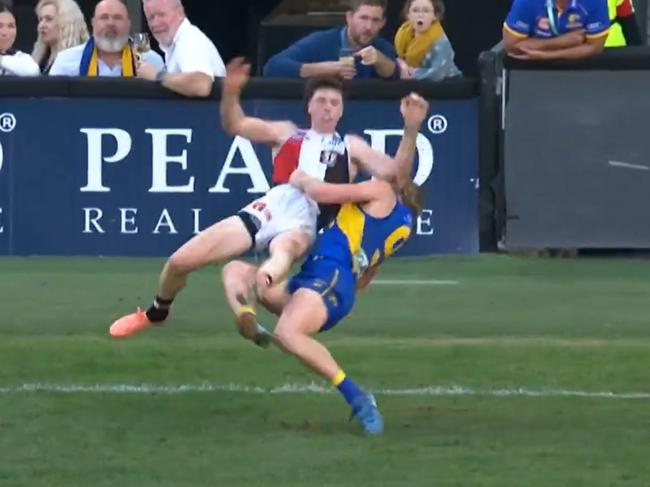 Harley Reid's tackle on Darcy Wilson. Picture: Fox Footy