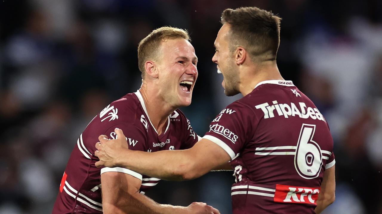 Daly Cherry-Evans and Brooks combined for a try to get Manly back in the game. Picture: Cameron Spencer/Getty Images