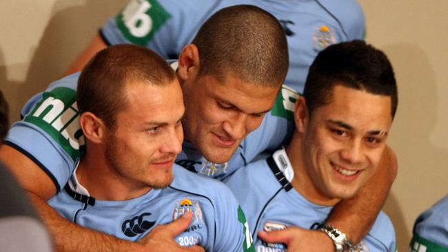 Former Origin teammates Matt Cooper (L) and Jarryd Hayne (R) with Willie Mason (C). Picture: Gregg Porteous