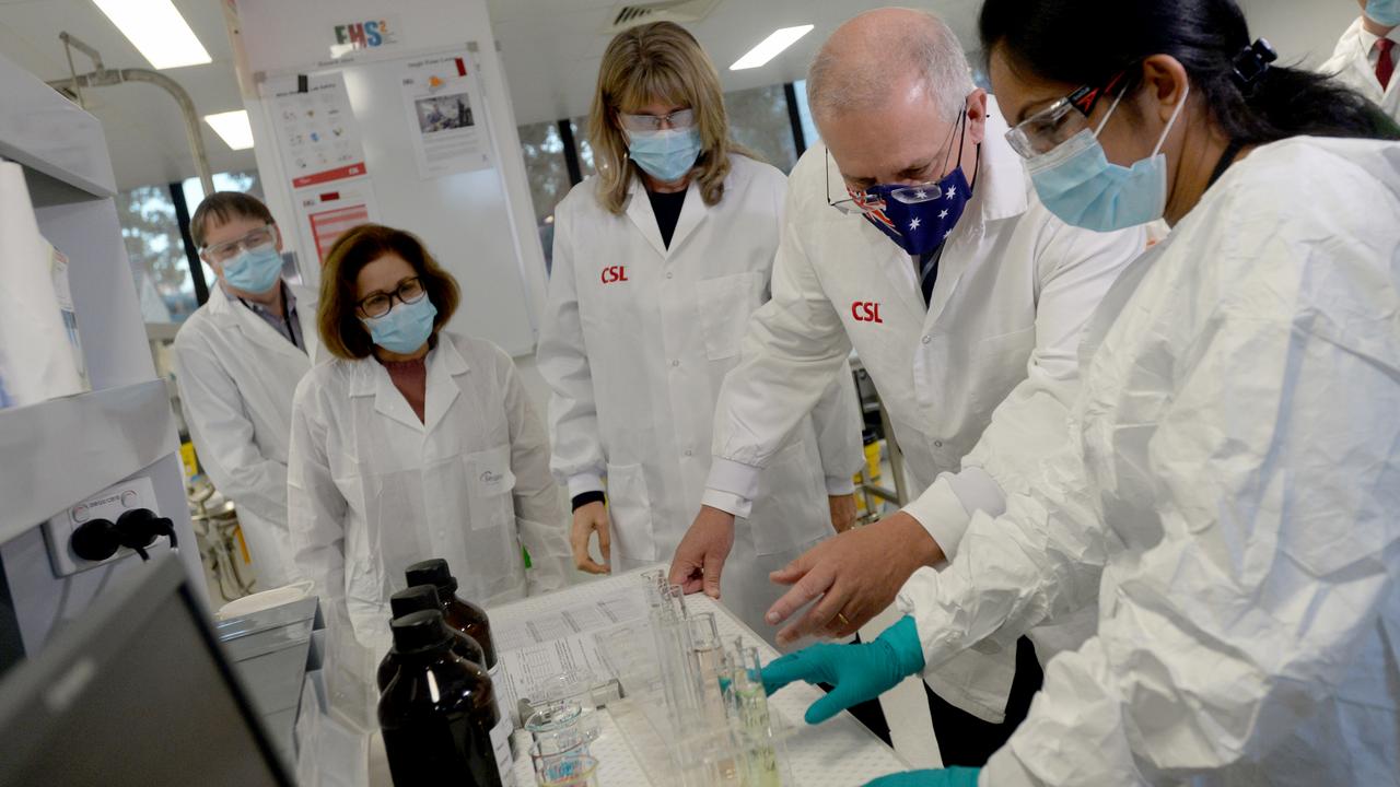 PM Scott Morrison at the CSL facility in Melbourne where the AstraZeneca vaccine is being produced locally. Picture: NCA NewsWire