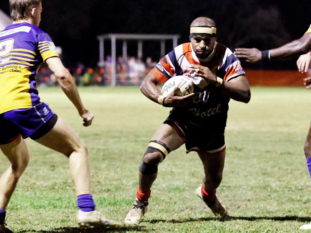 Roosters' Richard Pandia charges towards the try line in the Far North Queensland Rugby League (FNQRL) Men's minor semi final match between the Atherton Roosters and the Cairns Kangaroos, held at Smithfield Sporting Complex. Picture: Brendan Radke