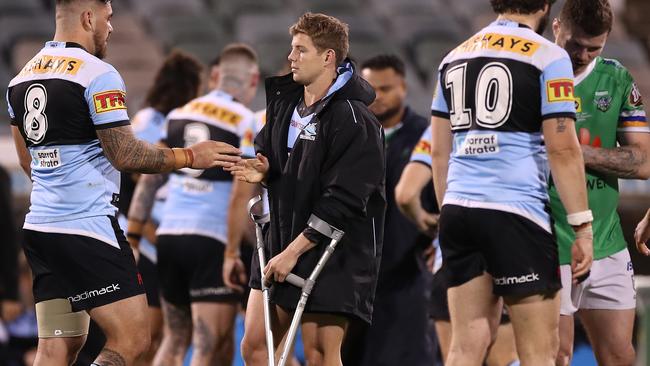 Blayke Brailey left Canberra on crutches after an awkward injury sustained while scoring a try. Picture: Getty Images.