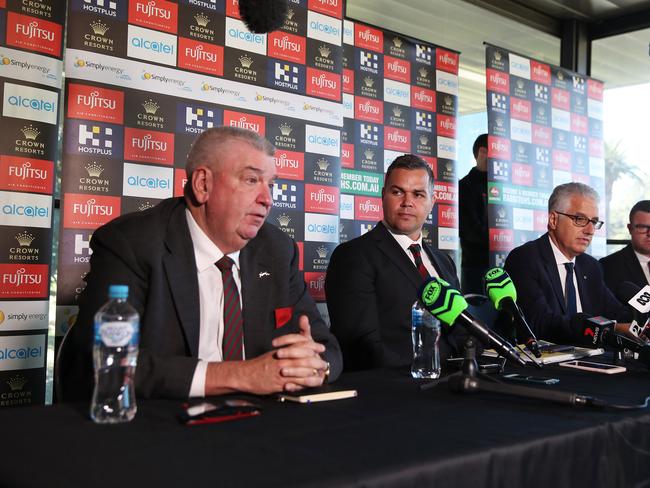 Anthony Seibold (centre) was named Dally M coach of the year after his season with the Rabbitohs. Picture. Phil Hillyard