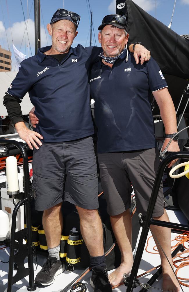 Crew member Shayne Hansen with skipper Andrew Jones of yacht AdvantEdge from Tasmania after they finished the Sydney to Hobart 2023. Picture: Nikki Davis-Jones