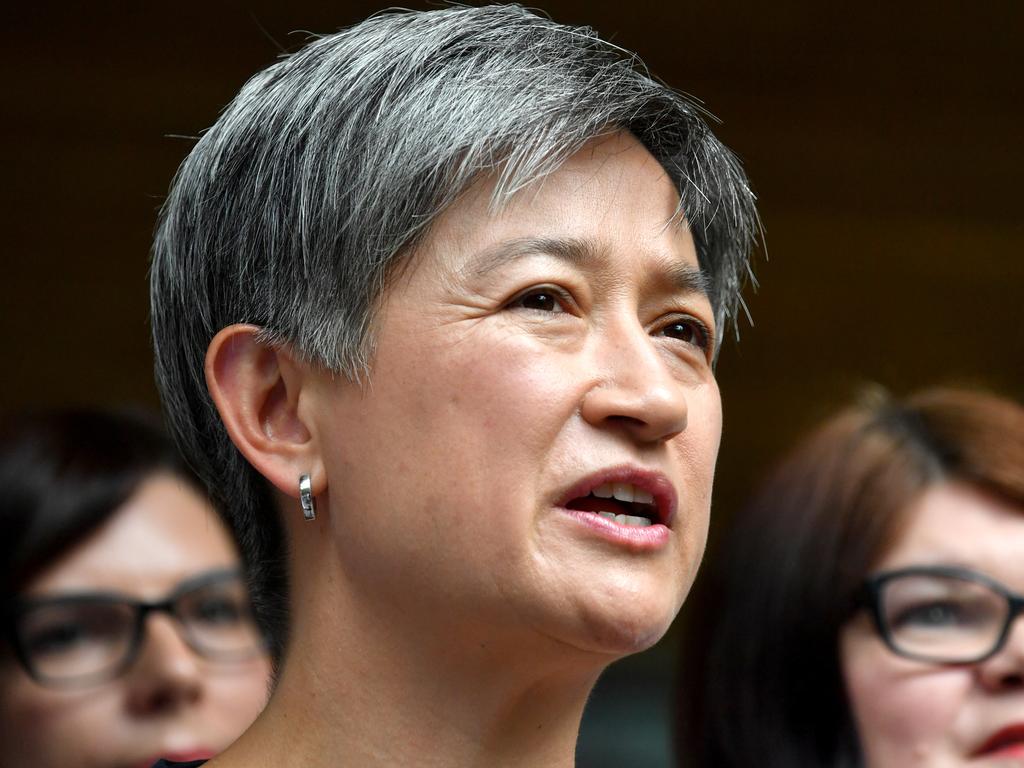  Penny Wong speaks to media at a press conference at Adelaide Zoo. 