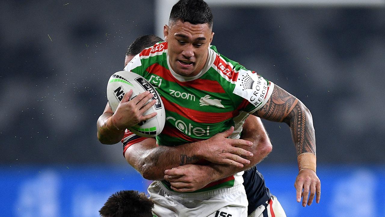 Jaydn SuÃ¢â&#130;¬â&#132;¢a of the Rabbitohs Is tackled by Sam Verrills (left) and Boyd Cordner of the Roosters during the Round 3 NRL match between the Sydney Roosters and the South Sydney Rabbitohs at Bankwest Stadium in Sydney, Friday, May 29, 2020. (AAP Image/Dan Himbrechts) NO ARCHIVING, EDITORIAL USE ONLY