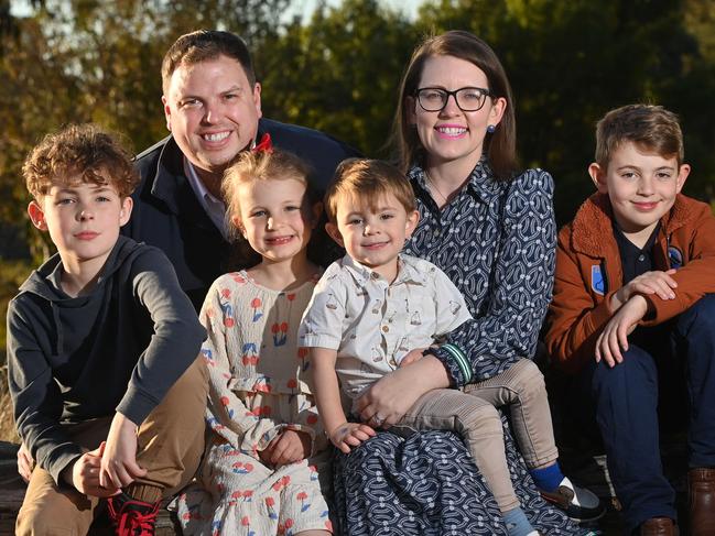 2/6/24. The government is announcing that a new primary school will be built to accommodate the population growth around Mount Barker. Emily Linton and her four kids at the Springlake playground - James - 10, James (dad), Esther - 7, Benjamin - 3, Emily and William - 9yrs.Picture: Keryn Stevens
