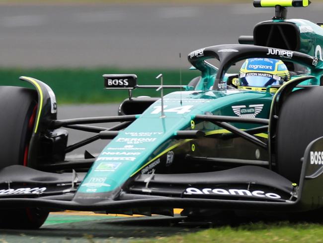 MELBOURNE, AUSTRALIA - MARCH 31: Fernando Alonso of Spain driving the (14) Aston Martin AMR23 Mercedes runs wide during practice ahead of the F1 Grand Prix of Australia at Albert Park Grand Prix Circuit on March 31, 2023 in Melbourne, Australia. (Photo by Peter Fox/Getty Images)