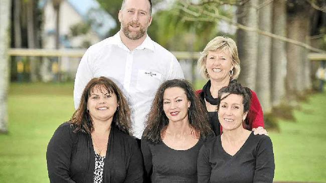 COMMUNITY SUPPORT: Leander Russell (centre) is undergoing surgery to remove and reconstruct both her breasts. She is being aided by the fundraising efforts of (back from left) Bangalow Lions Club treasurer Ben Hills, Donna Jarrett, (front Sharon Rudgley and Sandra Harding. Picture: Mireille Merlet-Shaw