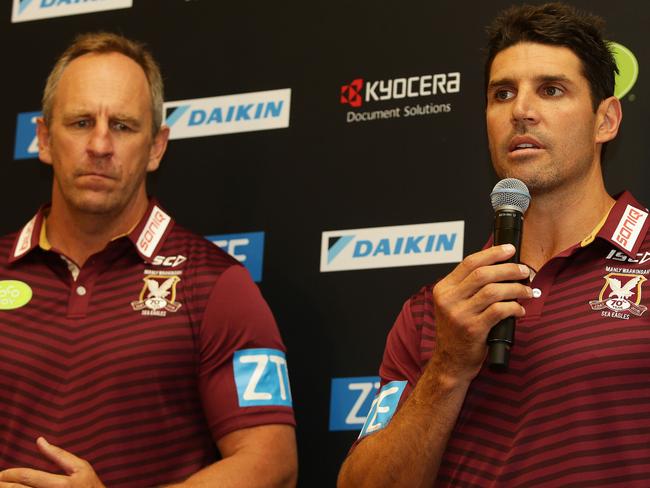 New Manly coach Trent Barrett with assistant coach John Cartwright during the Manly rugby league team new sponsor announcement and 70 year celebration at Freshwater Surf Life Saving Club, Sydney. Pic Brett Costello