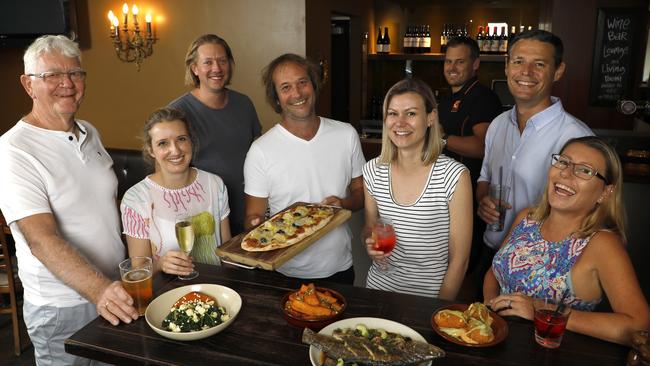 L-R: Publican Ferrie Oosterhoff, Angela Purnell, Clinton Thomas, chef Darrell Felstead, Michaela Gibiec, Marc Seymour, Tim Iliffe and Samantha Nicholson in the Wine Bar of the 3 Weeds Hotel in Rozelle. Picture: Chris Pavlich