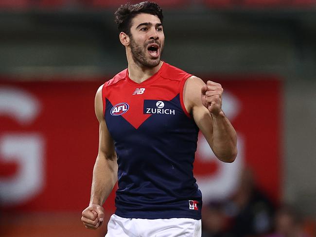 Christian Petracca celebrates a goal during Melbourne’s Round 7 clash against Hawthorn.