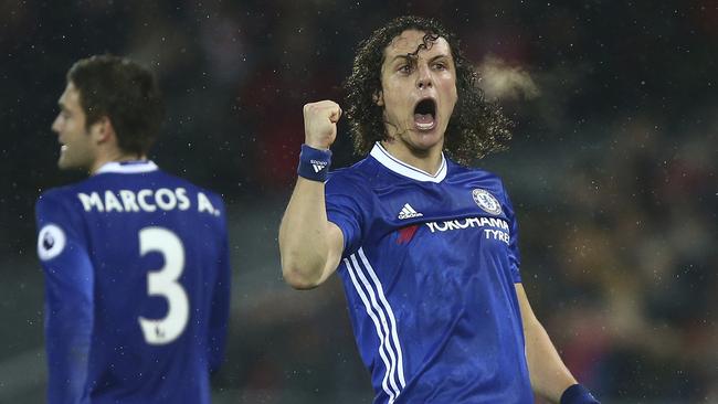 Chelsea's David Luiz celebrates scoring against Liverpool.