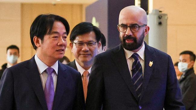 Taiwanese President Lai Ching-te, left, and Halifax International Security Forum president Peter Van Praagh in Taipei on Thursday. Picture: AFP