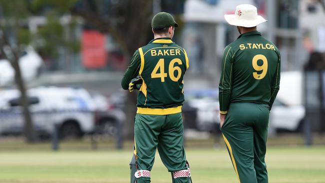 Northcote captain Blayde Baker and coach Steven Taylor chat in the field. Picture: Steve Tanner