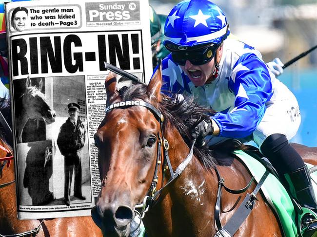 Montana Philpot, pictured (right) riding a winner at the Sunshine Coast recently, is the daughter of jockey Gus Philpot, who rode the ring-in horse Bold Personality in the Fine Cotton scandal back in 1984 (Sunday Press front page inset).