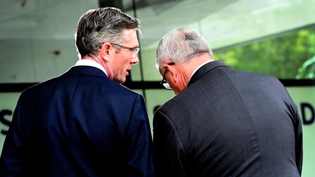 NSW Premier Dominic Perrottet and Health Minister Brad Hazzard discuss matters during the covid-19 daily update. Picture: NCA NewsWire / Jeremy Piper